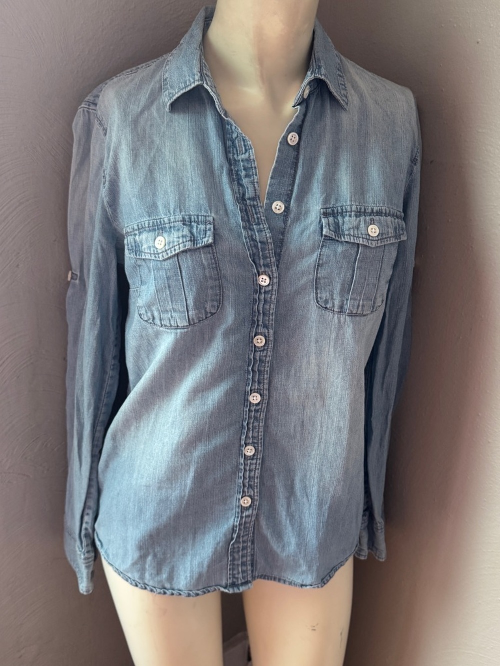 J.Crew chambray denim shirt, long sleeves/roll-tab options, front pockets.